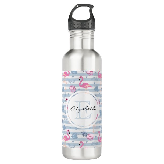 Whimsical Flamingo & Pineapple Pattern Monogram Stainless Steel Water Bottle (Front)