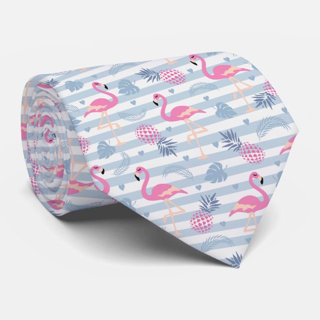 Whimsical Flamingo & Pineapple Pattern Neck Tie (Rolled)