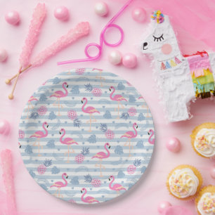 Whimsical Flamingo & Pineapple Pattern Paper Plates