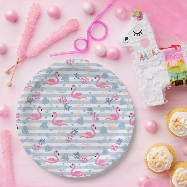 Whimsical Flamingo & Pineapple Pattern Paper Plates (Party)