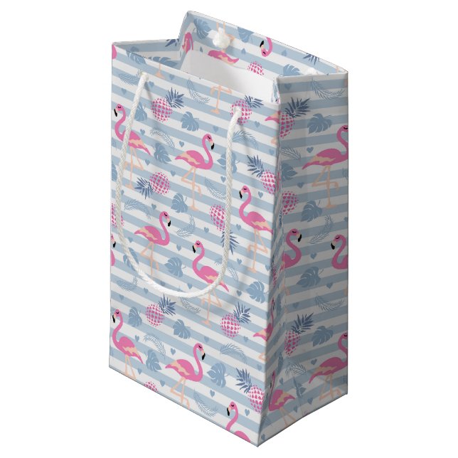 Whimsical Flamingo & Pineapple Pattern Small Gift Bag (Front Angled)
