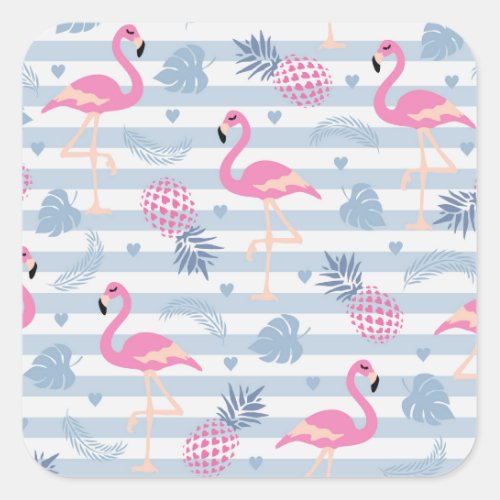 Whimsical Flamingo  Pineapple Pattern Square Sticker