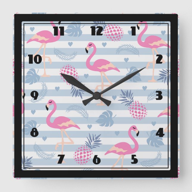 Whimsical Flamingo & Pineapple Pattern Square Wall Clock (Front)