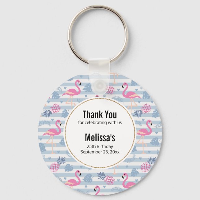 Whimsical Flamingo & Pineapple Pattern Thank You Keychain (Front)