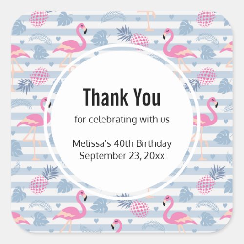 Whimsical Flamingo  Pineapple Pattern Thank You Square Sticker