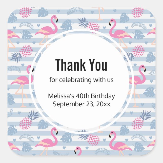 Whimsical Flamingo & Pineapple Pattern Thank You Square Sticker (Front)
