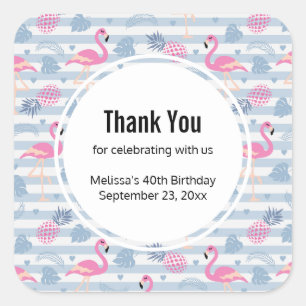 Whimsical Flamingo & Pineapple Pattern Thank You Square Sticker
