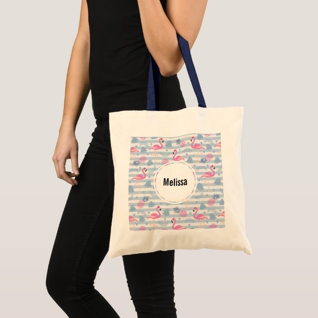 Whimsical Flamingo & Pineapple Pattern Tote Bag (Front (Product))