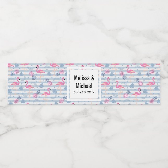 Whimsical Flamingo & Pineapple Pattern Wedding Water Bottle Label (Single Label)
