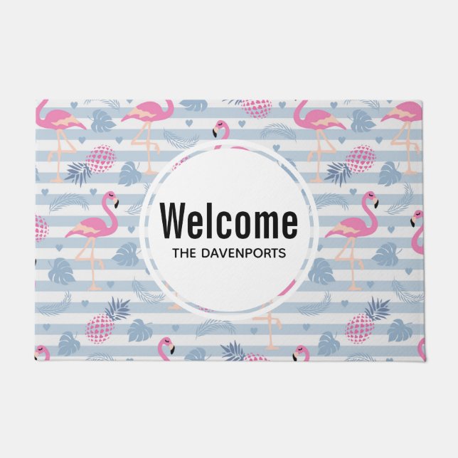 Whimsical Flamingo & Pineapple Pattern Welcome Doormat (Front)
