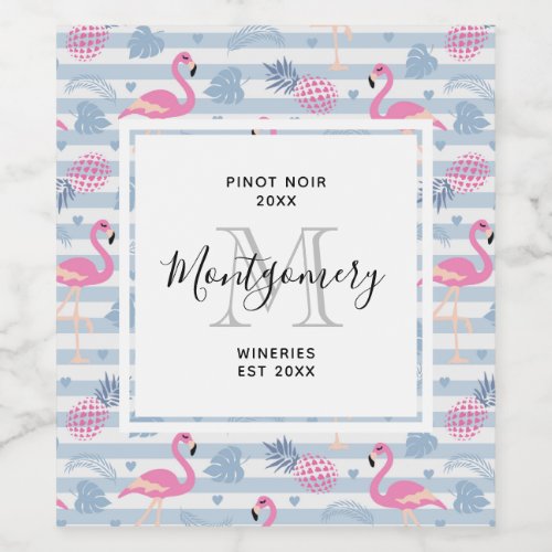 Whimsical Flamingo  Pineapple Pattern Wine Making Wine Label