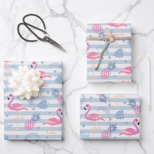Whimsical Flamingo & Pineapple Pattern Wrapping Paper Sheets (Front)