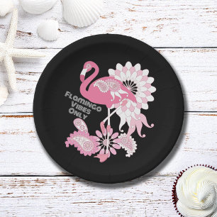 Whimsical Flamingo Vibes Only Black Pink Flamingo Paper Plates