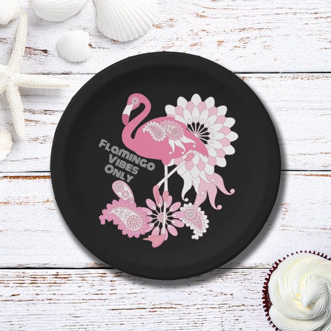 Whimsical Flamingo Vibes Only Black Pink Flamingo Paper Plates (Creator Uploaded)