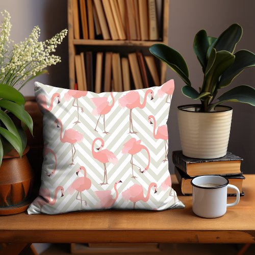 Whimsical Flamingos and Chevrons Pattern Throw Pillow