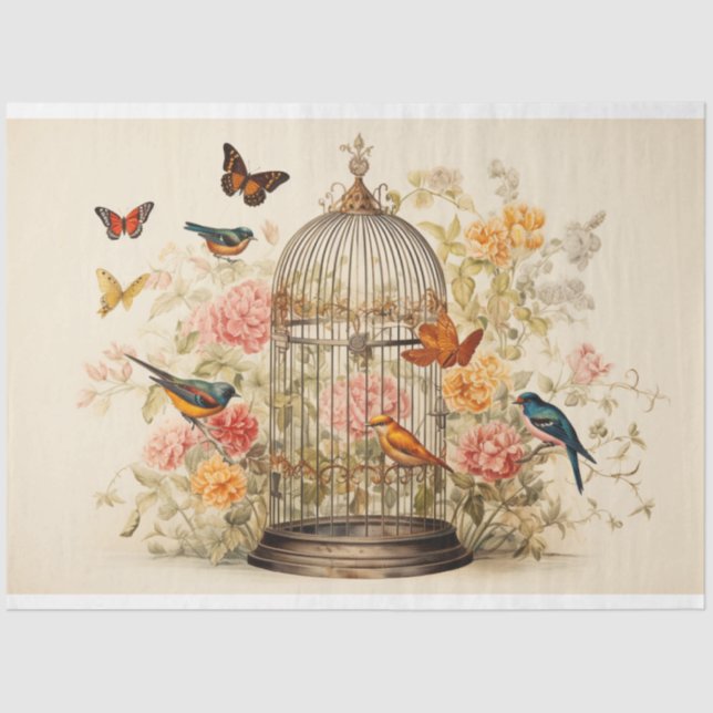 Whimsical Flight: Birdcage Decoupage Tissue Paper (Front)