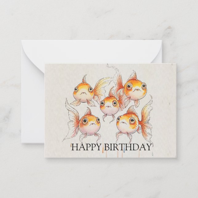 Whimsical Floating Goldfish Birthday Note Card (Front)