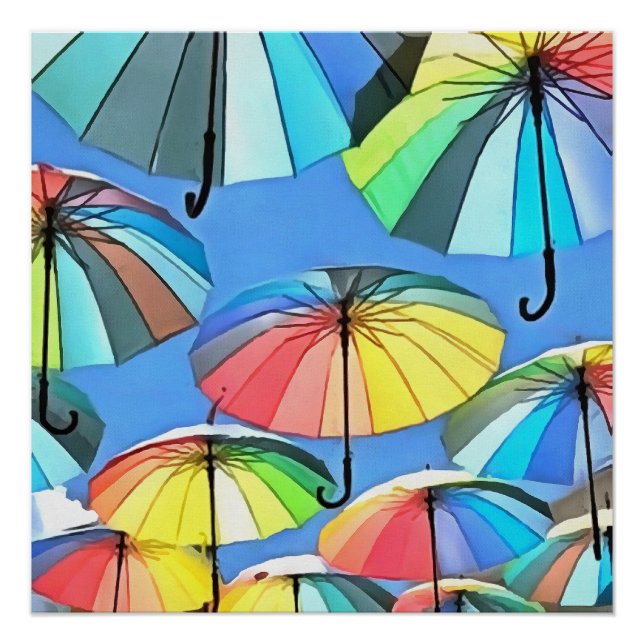 Whimsical Floating Multicolored Umbrellas Poster (Front)