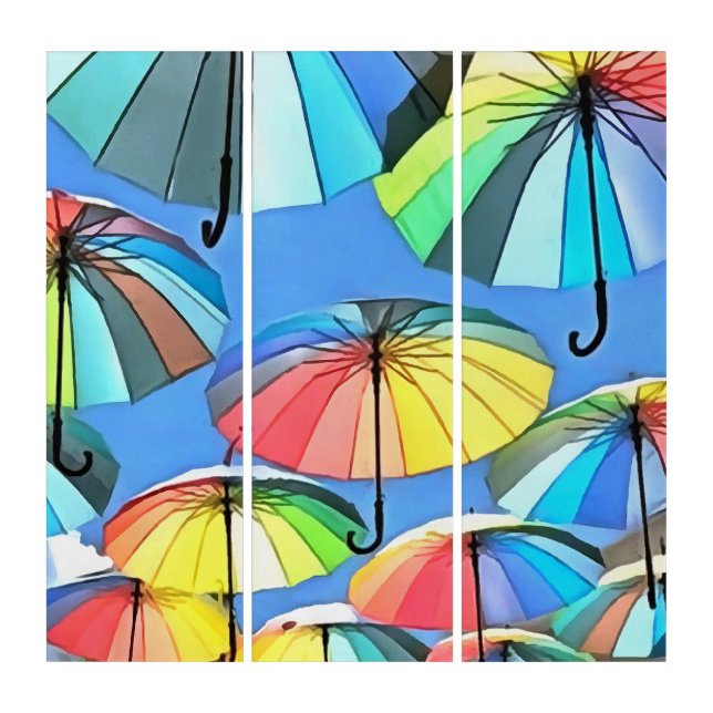 Whimsical Floating Multicolored Umbrellas Triptych (Front)