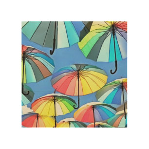 Whimsical Floating Multicolored Umbrellas Wood Wall Art