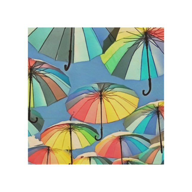 Whimsical Floating Multicolored Umbrellas Wood Wall Art (Front)