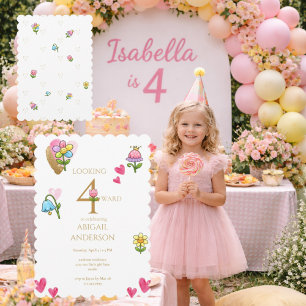 Whimsical Floral 4th Birthday Party Invitation