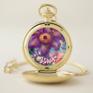 Whimsical Floral Abstract Art Teal Personalized Pocket Watch