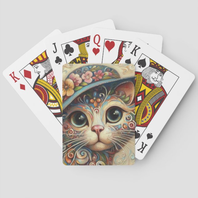 Whimsical Floral Abstract Kitty Cat with Hat Poker Cards (Back)