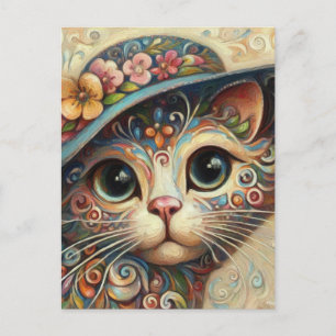 Whimsical Floral Abstract Kitty Cat with Hat Postcard
