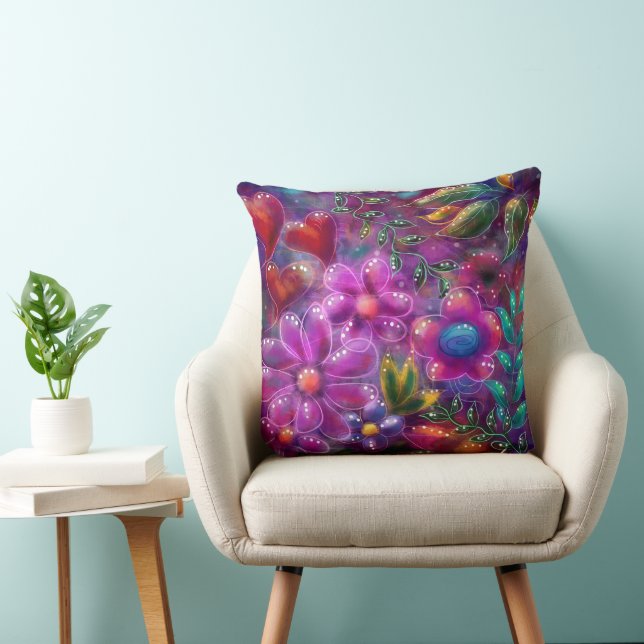 Whimsical Floral Abstract Purple Pink Flowers Throw Pillow (Chair)