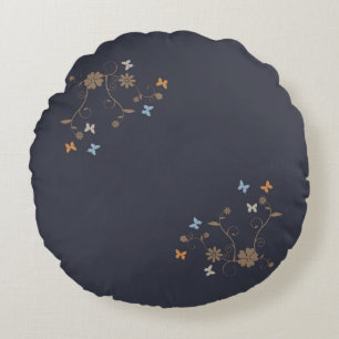 Whimsical Floral and Butterfly Accents on Charcoal Round Pillow
