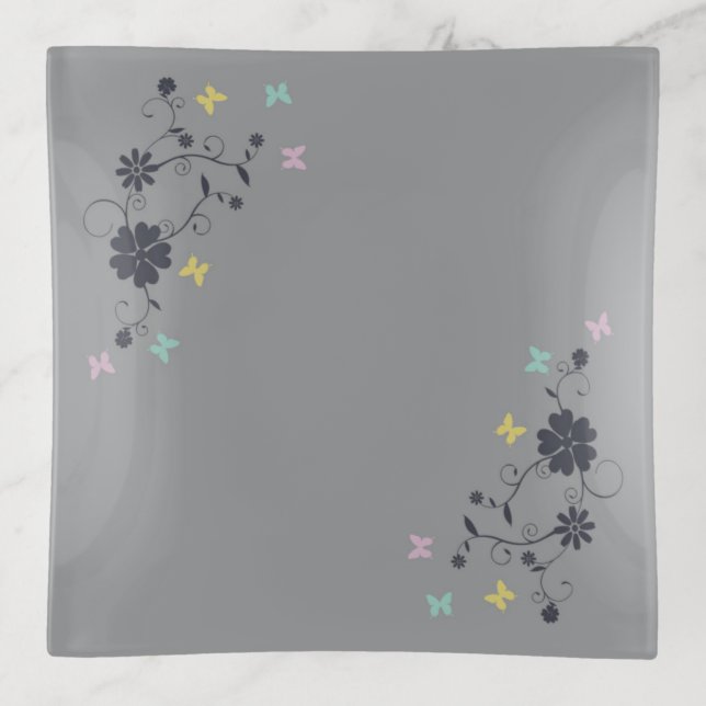 Whimsical Floral and Butterfly Accents on Gray Trinket Tray (Front)