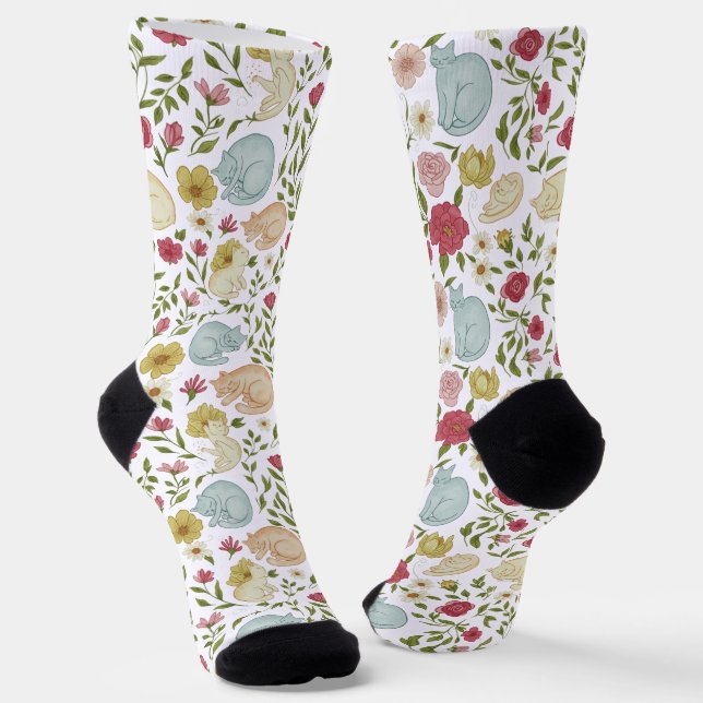 Whimsical Floral and Sleepy Cat Pattern Socks (Angled)