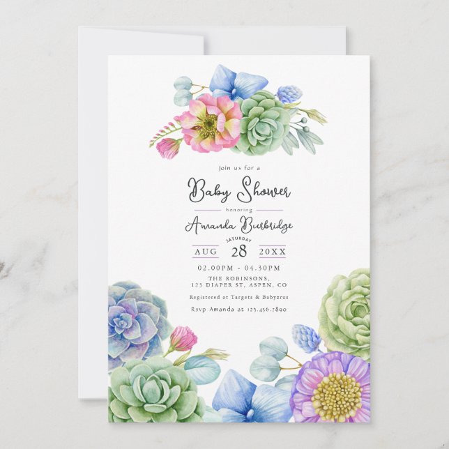 Whimsical Floral and Succulent Baby Shower Invitation (Front)