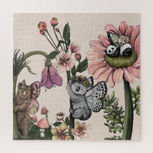 Whimsical Floral Bear Fairies Watercolor Art Jigsaw Puzzle
