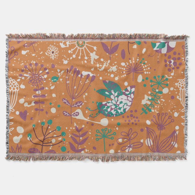 Whimsical Floral Birds Throw Blanket (Front)