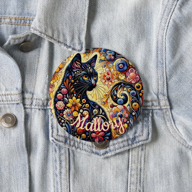 Whimsical Floral Black Cat Kitty Personalized Button (In Situ)