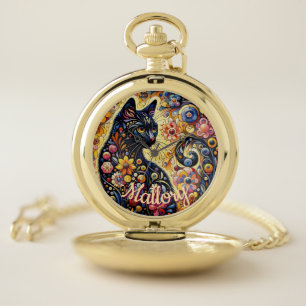 Whimsical Floral Black Cat Kitty Personalized Pocket Watch