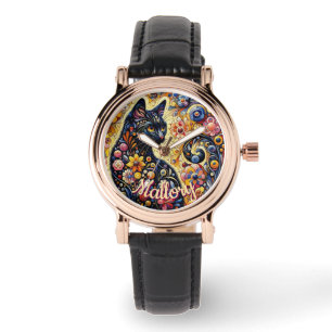 Whimsical Floral Black Cat Kitty Personalized Watch