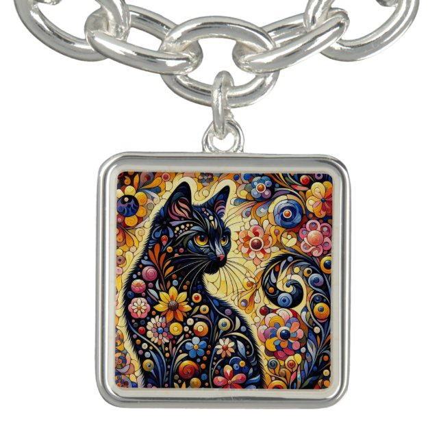 Whimsical Floral Black Cat Kitty Yellow Blue Bracelet (Design)