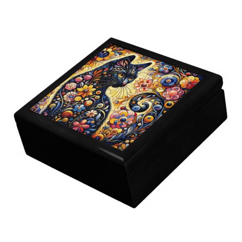 Whimsical Floral Black Cat Kitty Yellow Blue Gift Box