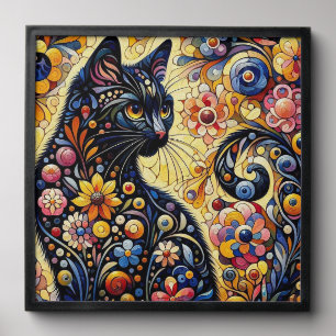 Whimsical Floral Black Cat Kitty Yellow Blue Peel And Stick Photo Tile