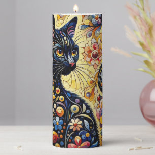 Whimsical Floral Black Cat Kitty Yellow Blue Pillar Candle