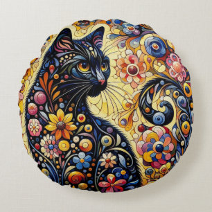 Whimsical Floral Black Cat Kitty Yellow Blue Round Pillow