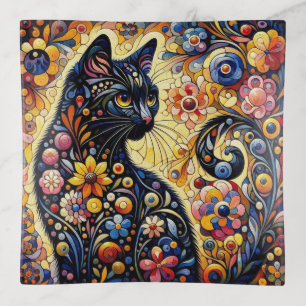 Whimsical Floral Black Cat Kitty Yellow Blue Trinket Tray