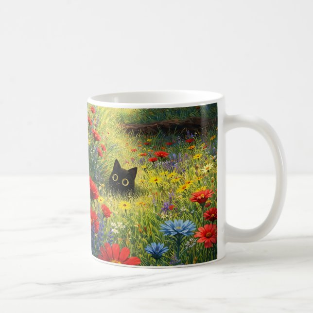 Whimsical Floral Black Cat Mug (Right)