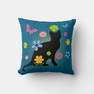 Whimsical Floral Black Cat Throw Pillow