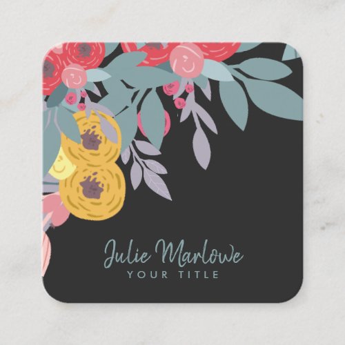 Whimsical Floral Blooms Black Business Card