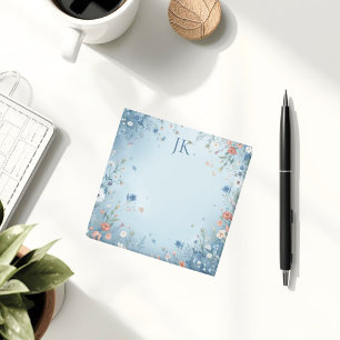 Whimsical Floral Blue Personalized Monogram Post-it Notes