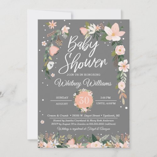 Whimsical Floral Blush Pink Grey Girl Baby Shower